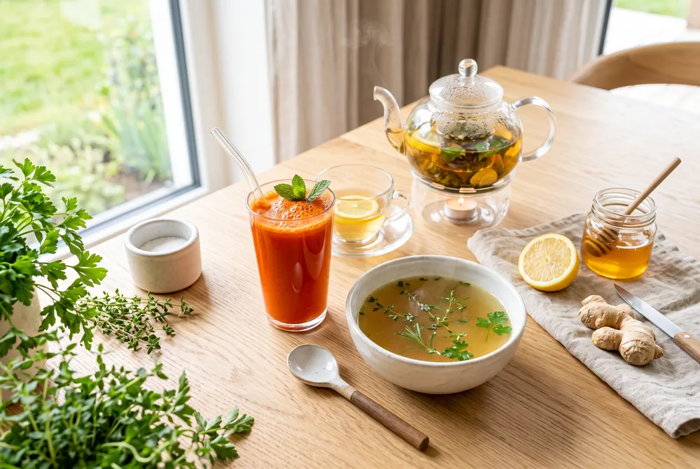 Saft, Brühe, Tee, Zitrone und Ingwer auf einem Holztisch
